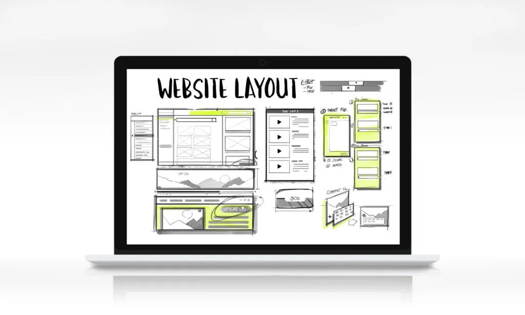 A website layout wireframe shown on a laptop screen