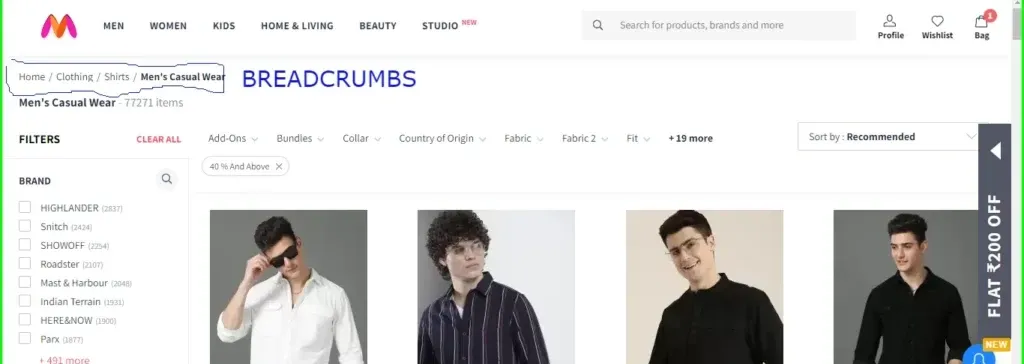An online shop page with a breadcrumb trail above the product listing