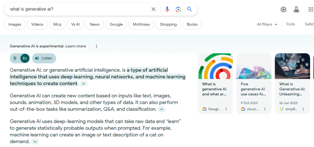 Google generative search engine showing the prompts result all at one place.