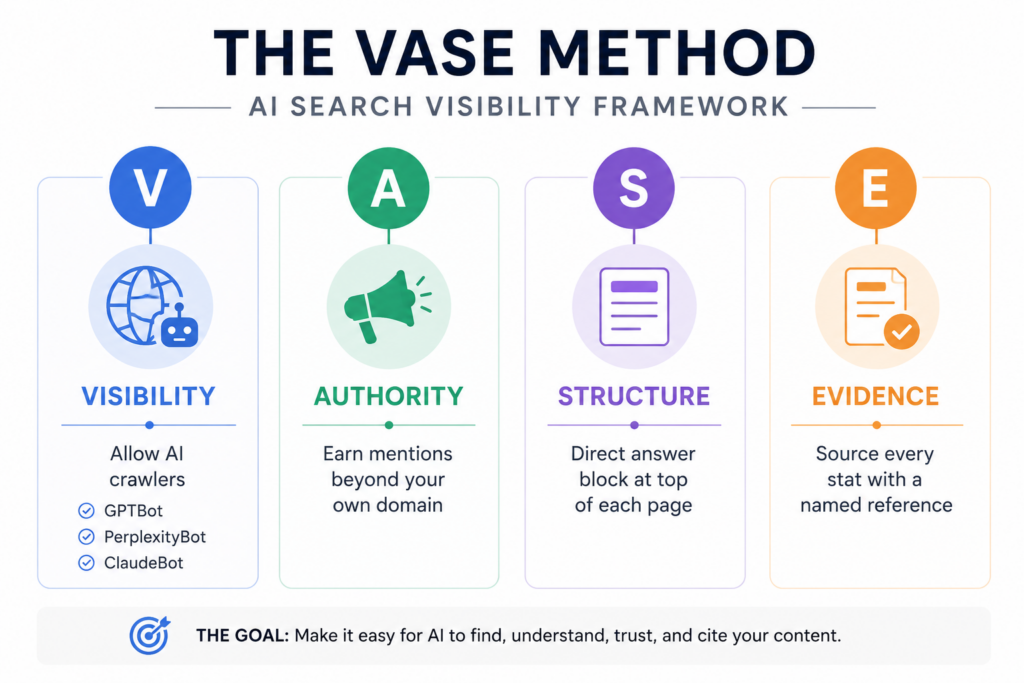 The VASE Method framework for AI search visibility — Visibility, Authority, Structure, Evidence
Designer note: Four equal columns. Brand colour accent on the letter, white label below. Clean, minimal.