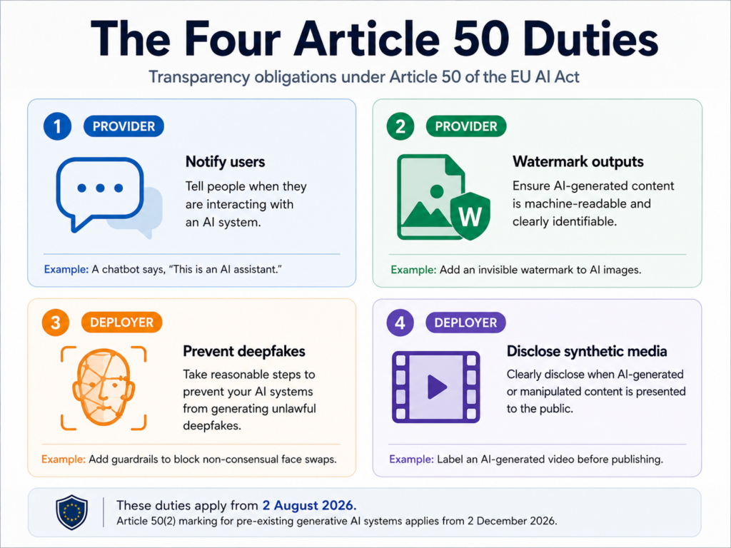 Four transparency duties under Article 50 of the EU AI Act split between providers and deployers